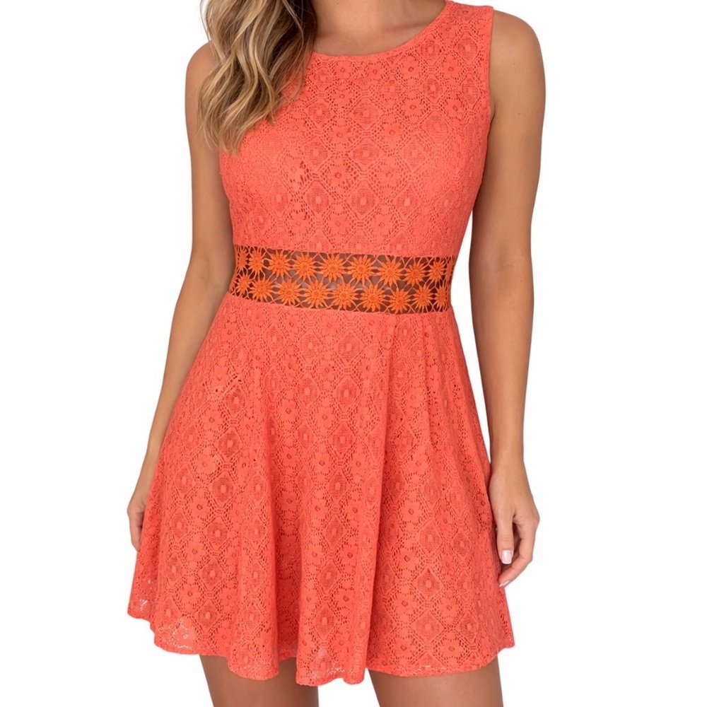 Adam Levine Lace Coral Dress, Flower Cut Waist, Lined Tangerine orange SZ L